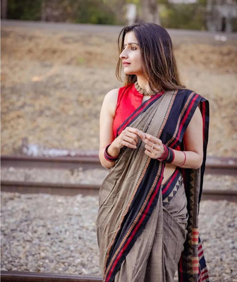 Anjali textile Printed Bollywood Pure Cotton Saree(Brown)