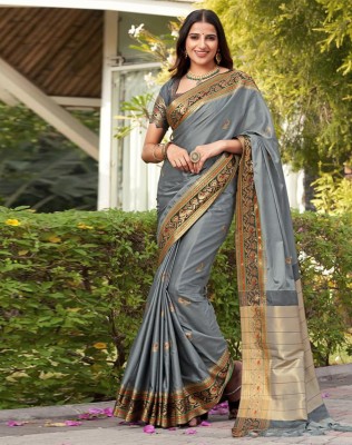 Divastri Self Design, Woven Banarasi Silk Blend Saree(Grey, Black, Gold)