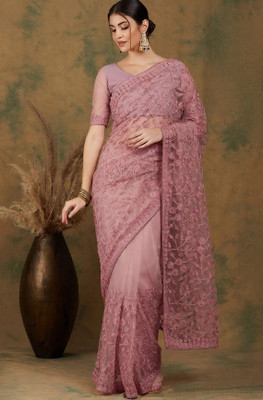 harlin Embroidered Bollywood Net Saree(Pink)