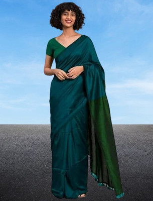 BongAp Solid/Plain Handloom Cotton Blend Saree(Green)