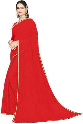 CARRYOX Solid/Plain Assam Silk Chiffon Saree(Dark Green)