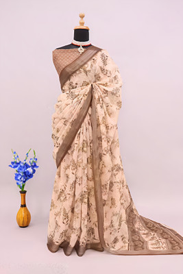 Marabout Printed Bollywood Cotton Linen Saree(Brown)