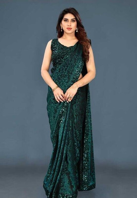 HouseOfCommon Self Design Bollywood Lycra Blend Saree(Green)