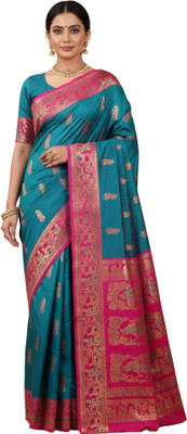 Rajeswari Boutiques Printed Baluchari Pure Silk Saree(Blue)