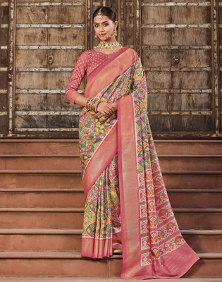 Satrani Blocked Printed, Geometric Print, Printed Patola Art Silk Saree(Grey, Pink, Multicolor)