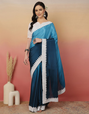 Sangria Dyed Bollywood Chiffon Saree(Blue)