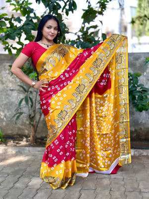 S.R.TEXTILES Printed Bollywood Crepe, Silk Blend Saree(Maroon, Mustard, Gold)