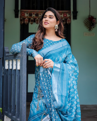 ALMAARI FASHION Digital Print Bollywood Cotton Linen Saree(Blue)
