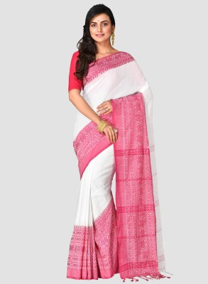 Mystory Woven Handloom Handloom Pure Cotton Saree(White, Pink)