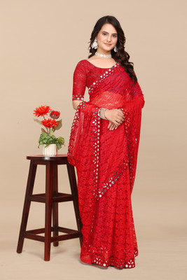 MAA CREATION Floral Print Bollywood Net Saree(Red)