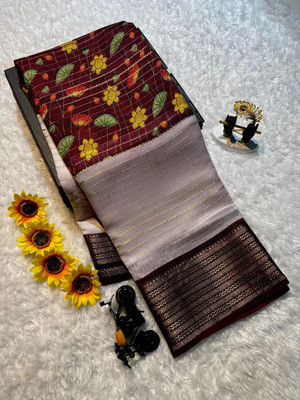 Anuradha Enterprise Striped, Floral Print, Self Design Mysore Silk Blend Saree(Brown)