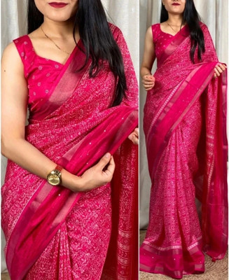ZENFAB THREADS Printed Bandhani Chiffon Saree(Pink)