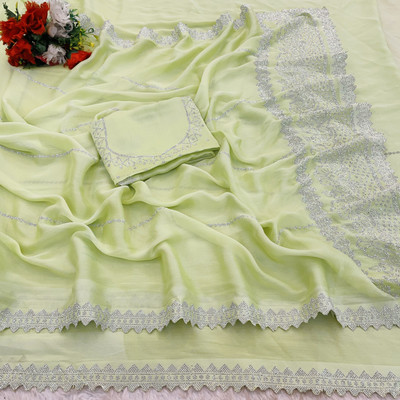 JennyFeb Villa Embellished Bollywood Pure Silk Saree(Light Green)