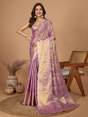 Yogik Creation Floral Print Banarasi Silk Blend Saree(Purple)