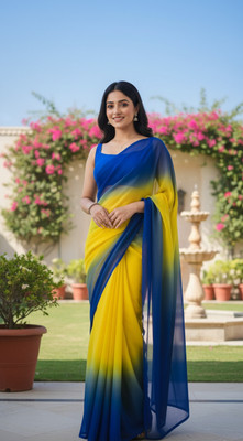 KHODIYAR ENTERPRIES Ombre Bollywood Georgette Saree(Blue, Yellow)