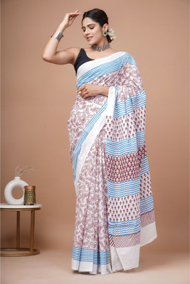 LOVWEAR Printed Ikkat Pure Cotton Saree(White)