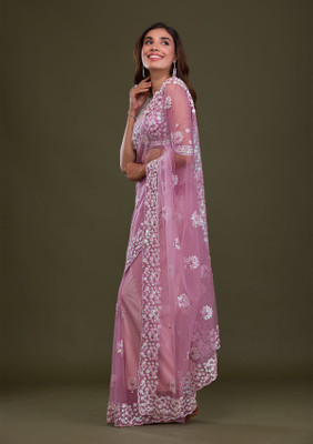 zili Embroidered Bollywood Net Saree(Pink)