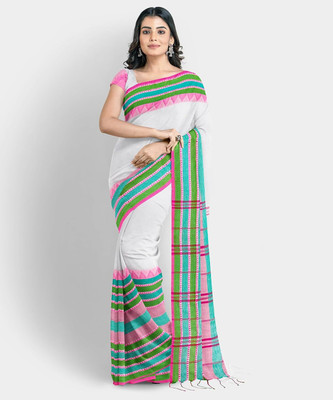 SSK Striped, Checkered, Temple Border Bollywood Handloom Pure Cotton Saree(White)
