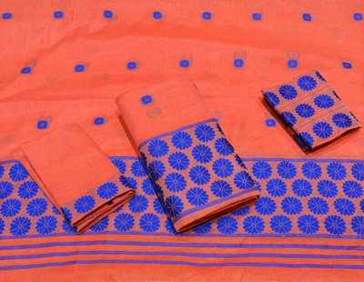 kamdar Floral Print, Striped Mekhela Chador Cotton Blend Saree(Orange)