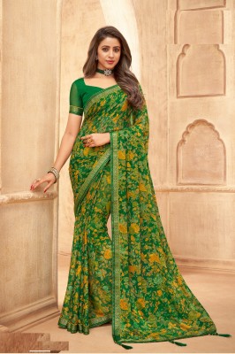 JustEthnic Floral Print Bollywood Chiffon Saree(Green)