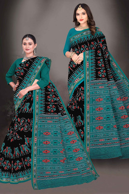 kalyani nx Printed Sambalpuri Pure Cotton Saree(Green, Black)