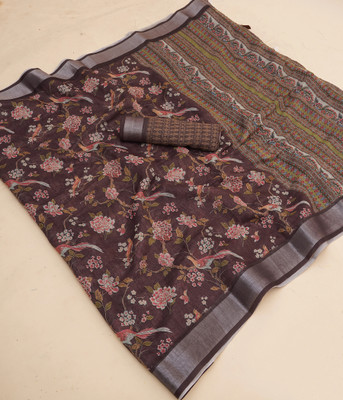 Mugdarra Geometric Print Daily Wear Linen Saree(Multicolor)