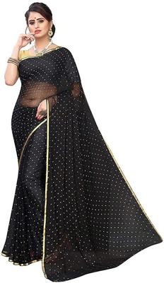 Desi Style Polka Print Bollywood Net, Chiffon Saree(Black)