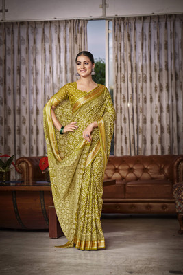 SoshrepCreation Printed Bandhani Pure Cotton Saree(Light Green)