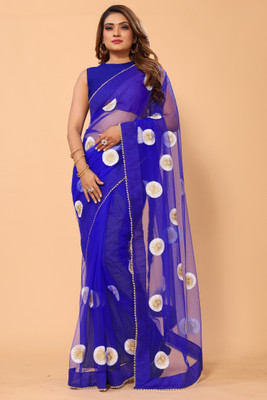 DWINIZAA STORE Embroidered Bollywood Net Saree(Blue)