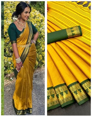 MM VENTURE Temple Border Kanjivaram Cotton Silk Saree(Yellow)