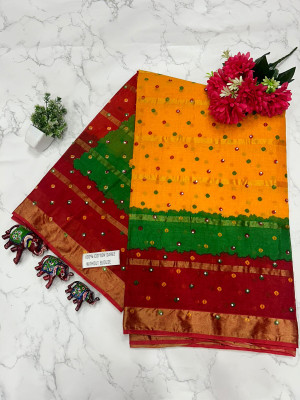 KRISHNA NX Printed Handloom Pure Cotton Saree(Gold)