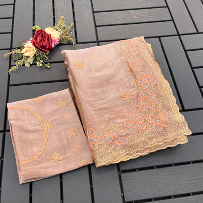 Mikhushop Embroidered Bollywood Net Saree(Orange)
