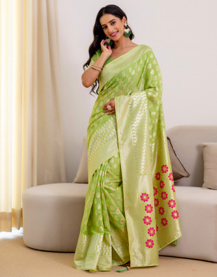 all about you Woven, Self Design Banarasi Chanderi, Cotton Blend Saree(Green)
