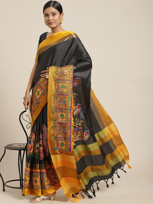 Divastri Self Design, Printed, Embroidered, Embellished, Woven Banarasi Jacquard, Cotton Silk Saree(Black, Mustard)