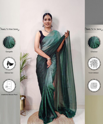 Samah Solid/Plain, Ombre, Embellished Bollywood Georgette, Chiffon Saree(Green, Black)