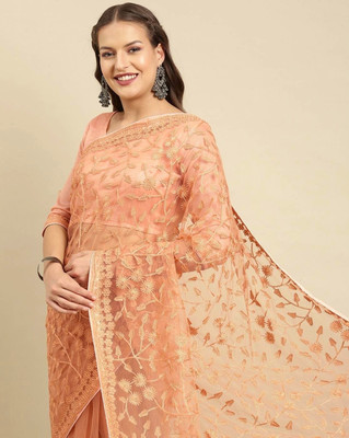 SILK SAREE HUB Embroidered Bollywood Net Saree(Orange)