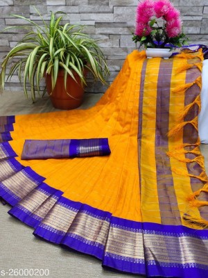 Quexle Checkered Kanjivaram Cotton Silk Saree(Orange)