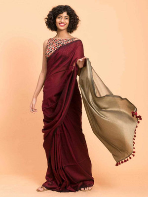 Parbati fashion Solid/Plain Handloom Cotton Blend Saree(Maroon)