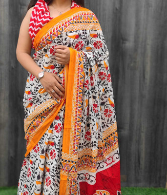 MULMUL HANDLOOM Blocked Printed Bollywood Pure Cotton Saree(Multicolor)