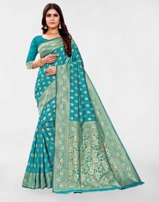 Samah Self Design, Woven, Embellished Kanjivaram Silk Blend, Jacquard Saree(Blue)