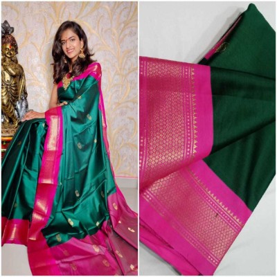 VEERAIVA Woven Paithani Cotton Silk Saree(Green)