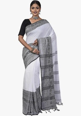 Krishneshwari Striped Handloom Pure Cotton Saree(White, Black)