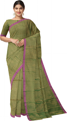 HARE KRISHNA ENTERPRISE Solid/Plain Handloom Cotton Silk Saree(Green)
