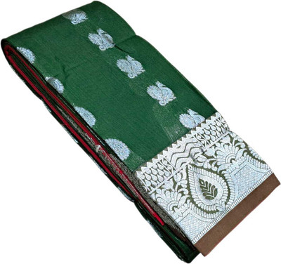 sri amman sarees Woven Banarasi Cotton Silk Saree(Green, Silver, Red, Multicolor)
