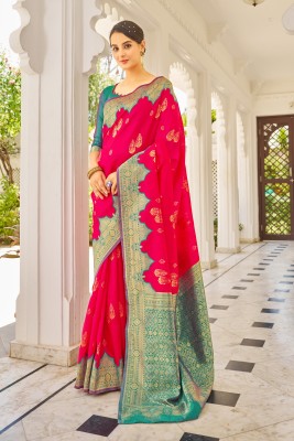 Sariya Woven Banarasi Jacquard, Silk Blend Saree(Pink, Light Green)
