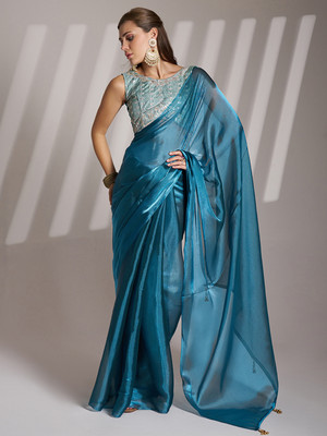 Kalista Embellished, Solid/Plain Bollywood Organza Saree(Blue)