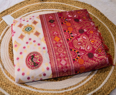 VaIdehi Woven, Floral Print, Geometric Print, Printed, Embellished Bollywood Cotton Blend Saree(White)