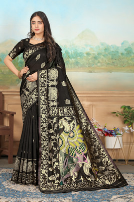Parishow Woven, Self Design Banarasi Satin Saree(Black)