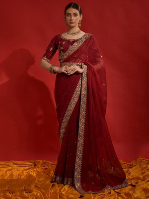 Sareemall Embroidered Daily Wear Pure Cotton Saree(Maroon)