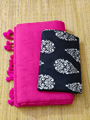 SMRITI HANDLOOM Printed Kalamkari Handloom Pure Cotton Saree(Pink, Black)